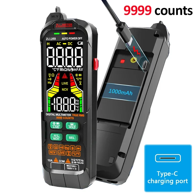 Profesional Digital Smart Multimeter 9999 Counts T-RMS AC DC Current Voltage Detector Capacitance Temp Auto Range Multimeter