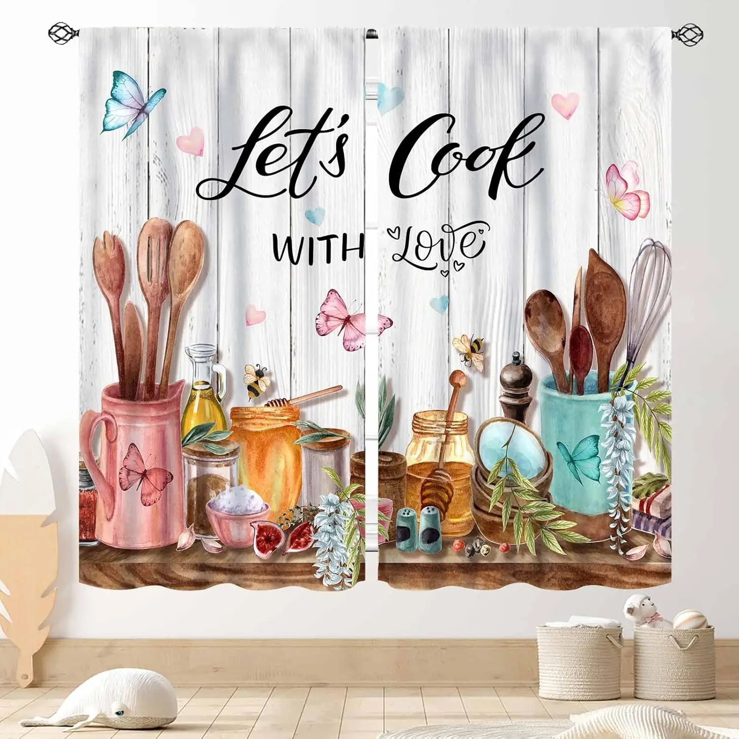 Farmhouse Kitchen Curtians, Rustic Country Fork and Spoon Cook Theme Rustic Vintage Cottage Blackout Cafe Living Room Bedroom