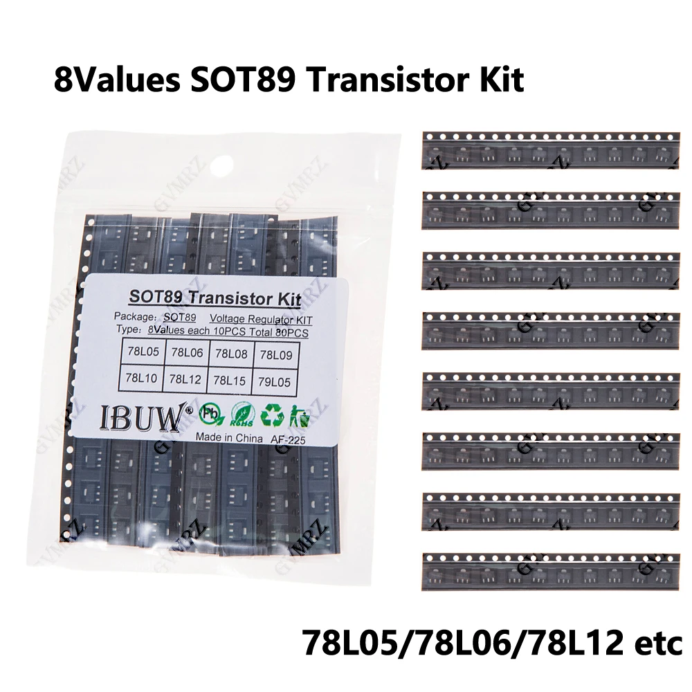 80PCS 8Values SOT89 Transistor Kit (78L05/78L06/78L12 ) Voltage Regulator for Arduino DIY Electronic Power Supply Project 78L10