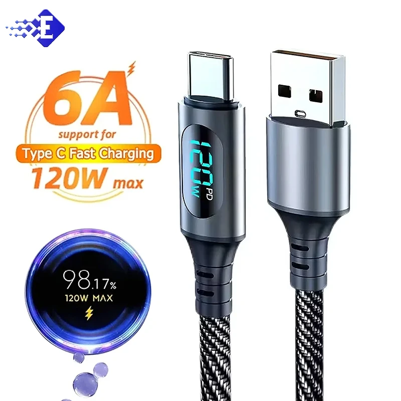 New 120W LED Digital Display Quick Charge USB Type C Cable For Samsung Xiaomi POCO Redmi Huawei Fast Charging Data Cord