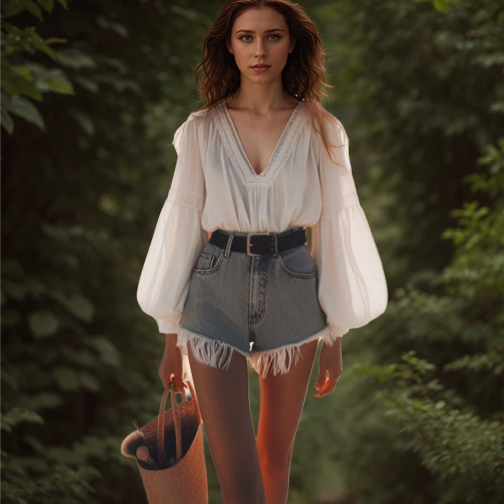 

Lantern Sleeves Boho Blouse Solid Color Sexy V Neck Ethnic Style Women Tops Spring Summer Autumn Chic Blouses Tops Female