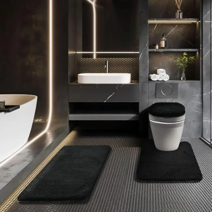 

Bathroom Rugs Sets 3 Pcs with Adjustable Toilet Seat Cover 17.5"x 15" Machine Washable Bath Rug Set with TPR Non Slip Rubber Ba