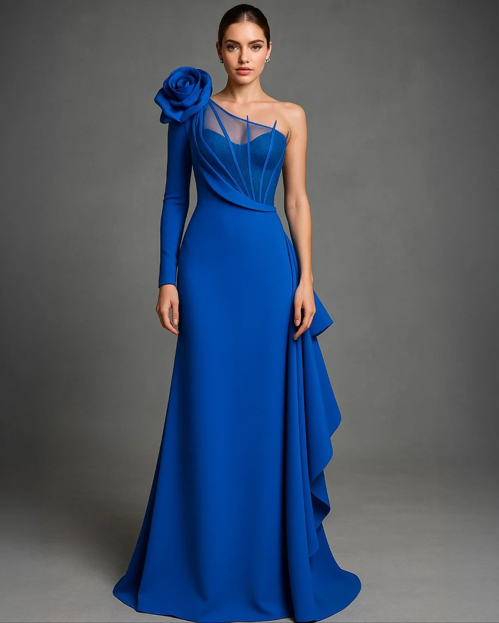 

Customized Chinese Style Jersey Pleat Handmade Flower Trumpet One-shoulder Long Dresses Bespoke Occasion Matching