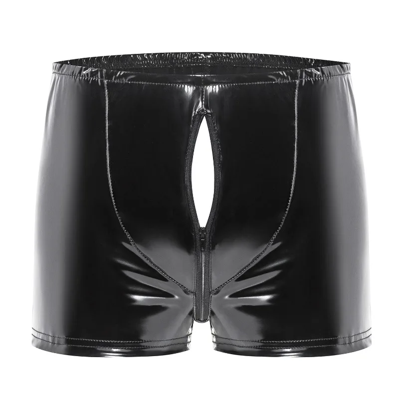 Sexy Zipper Boxer Hot Man Underwear PVC Faux Leather Briefs Gay Rear hollow Shorts Black Wetlook Male Performance Underpants