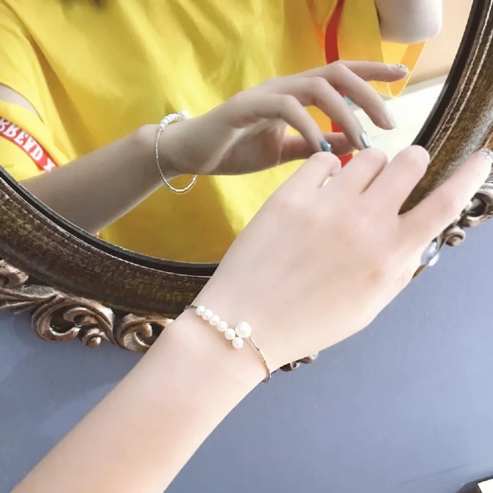 Fashionable, minimalist, high-end, niche design AAAA5-8mm natural pearl opening bracelet 925 silver adjustable