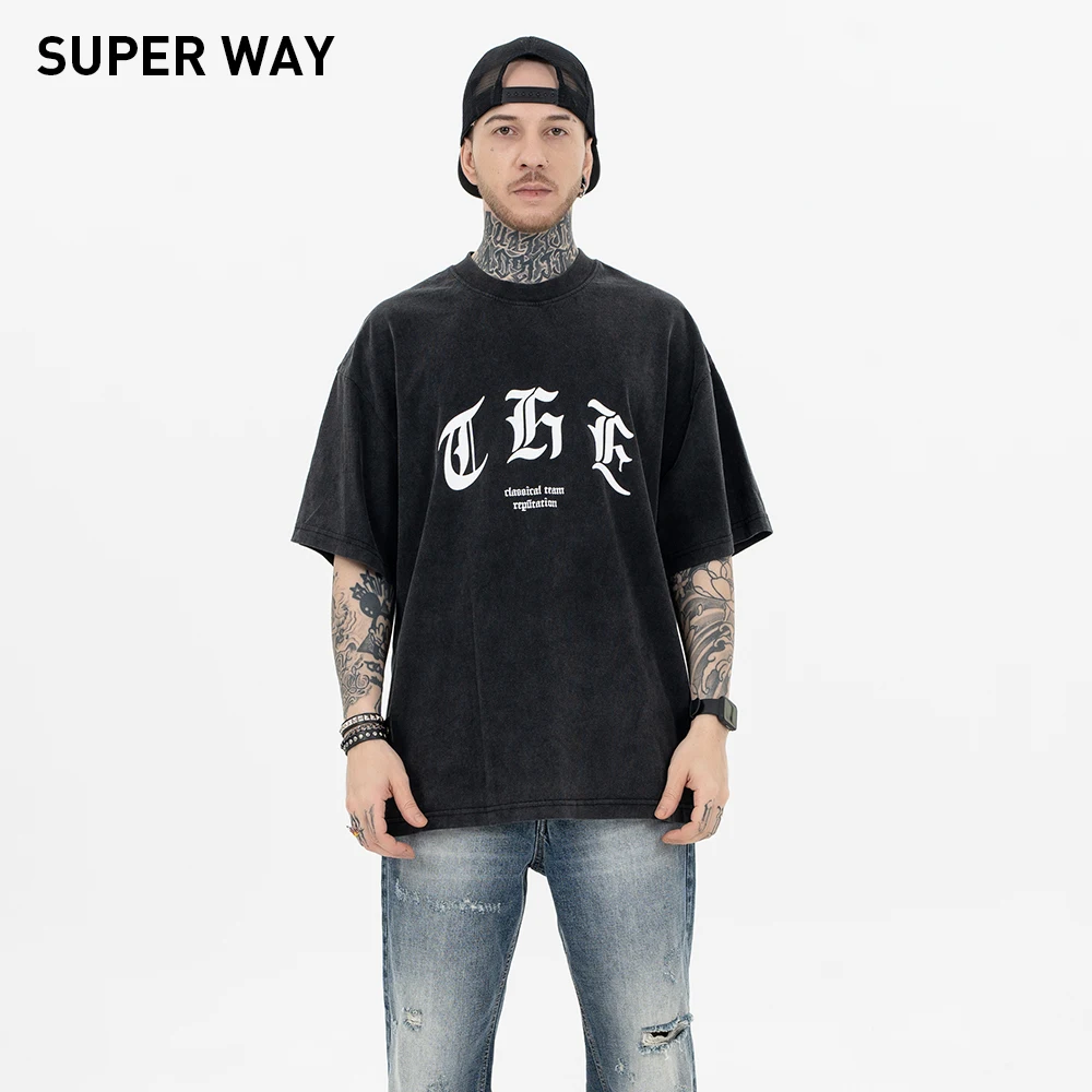 

Superway Original Design Sanskrit Letter Printed Men's T-Shirt Vintage Washed Short Sleeves Tees High Street Summer Loose Tops