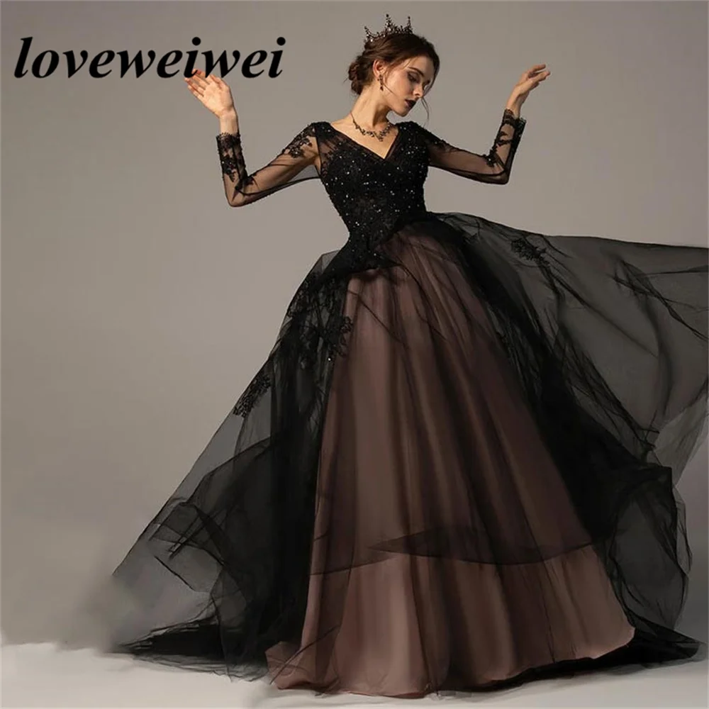 Gothic Black Prom Dresses Sexy Backless A-line Evening Dress Lace V Neck Formal Party Gowns Long Sleeves Tulle Robe De Soirée