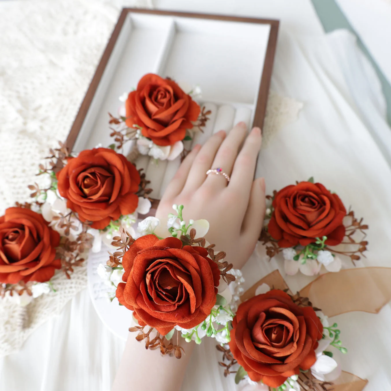 

H0037 Orange Rose Wrist Corsage Wristlet Band Bracelet and Men Boutonniere for Wedding Artificial Flower Prom Decorations