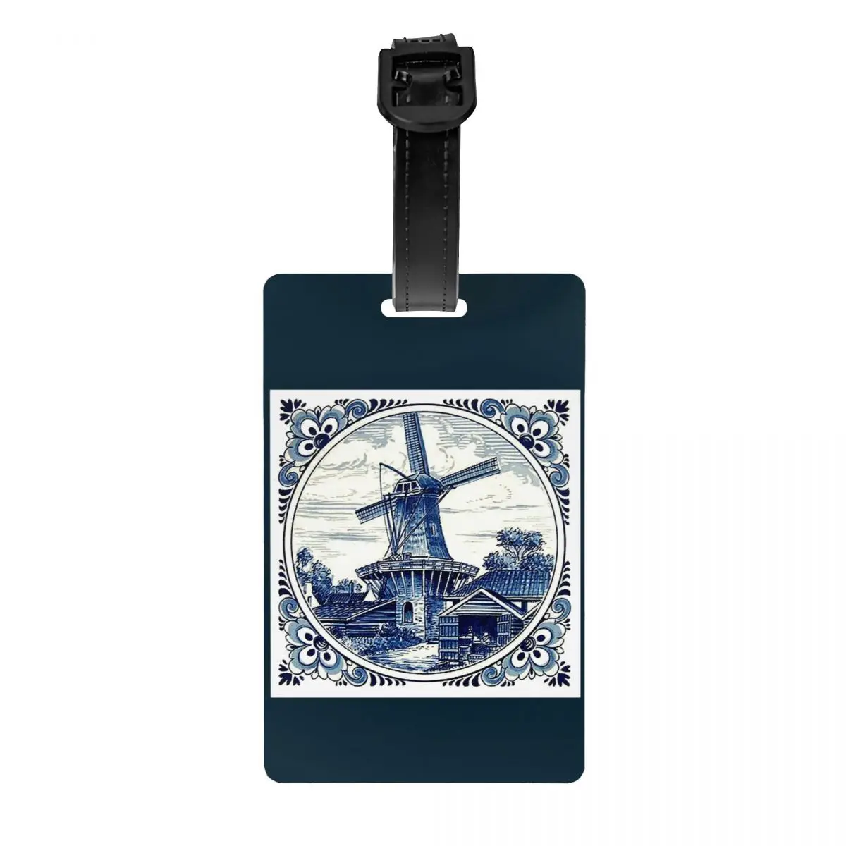 

Custom Dutch Blue Delft Vintage Windmill Art Luggage Tag With Name Card Privacy Cover ID Label for Travel Bag Suitcase