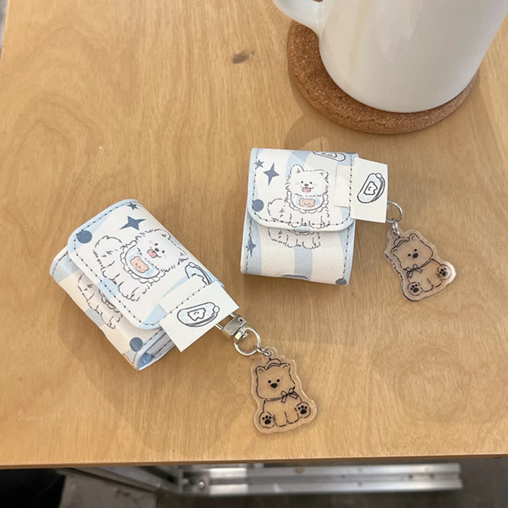 Blue White Stripe Leather Cute Cartoon Puppy Pendant Shockproof Protective Earphone Cover Case for AirPods 1 or 2 3 4 Pro 2