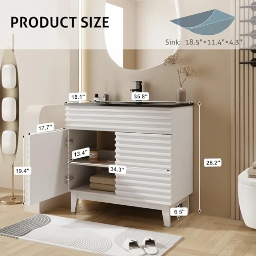 36 Bathroom Vanity with Sink Combo: Mid-Century Freestanding Wood-Striped Cabinet, White Finish, Adjustable Shelf, Undermount B