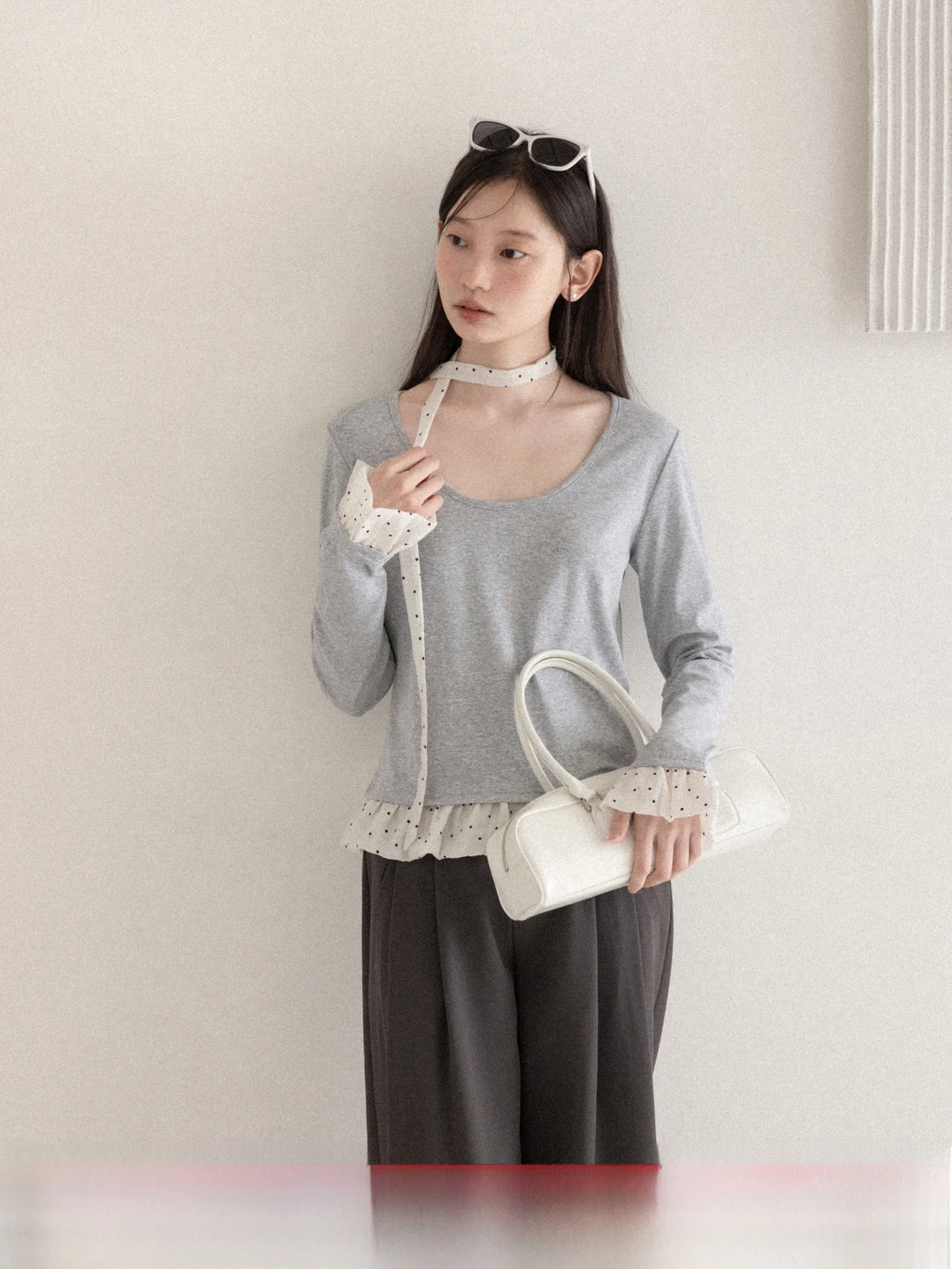 

Grey Polka Dot Long Sleeve T-Shirt Women's Loose Slimming Spring Casual Cotton Blend Comfortable Soft round Neck Top