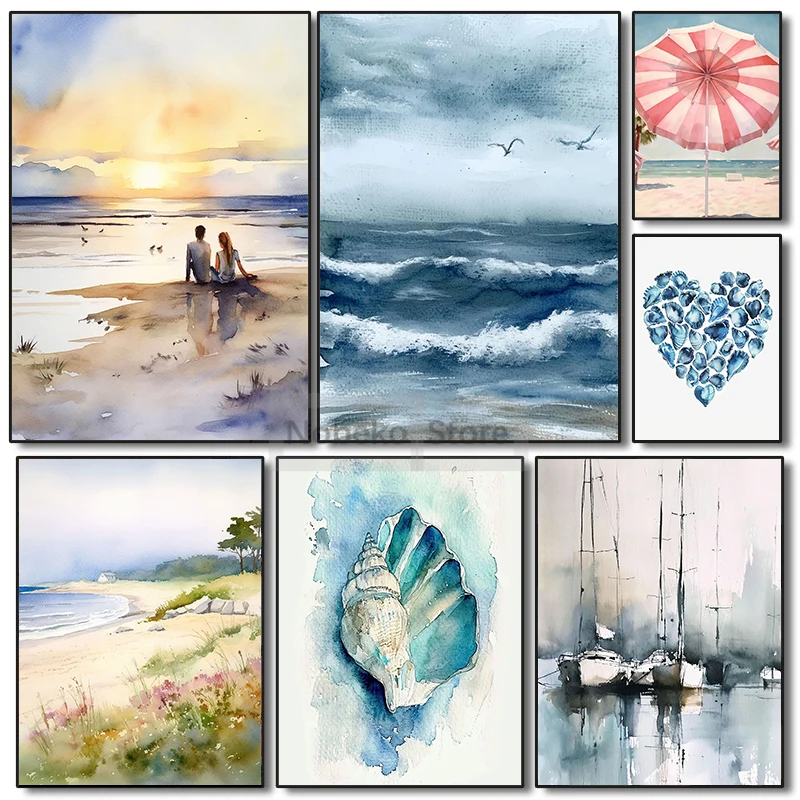 Ozean Aquarell Kunst Muschel Strand Regenschirm Küsten Malerei Abstrakte Meereslandschaft Poster Drucke Leinwand Bilder Home Room Decor