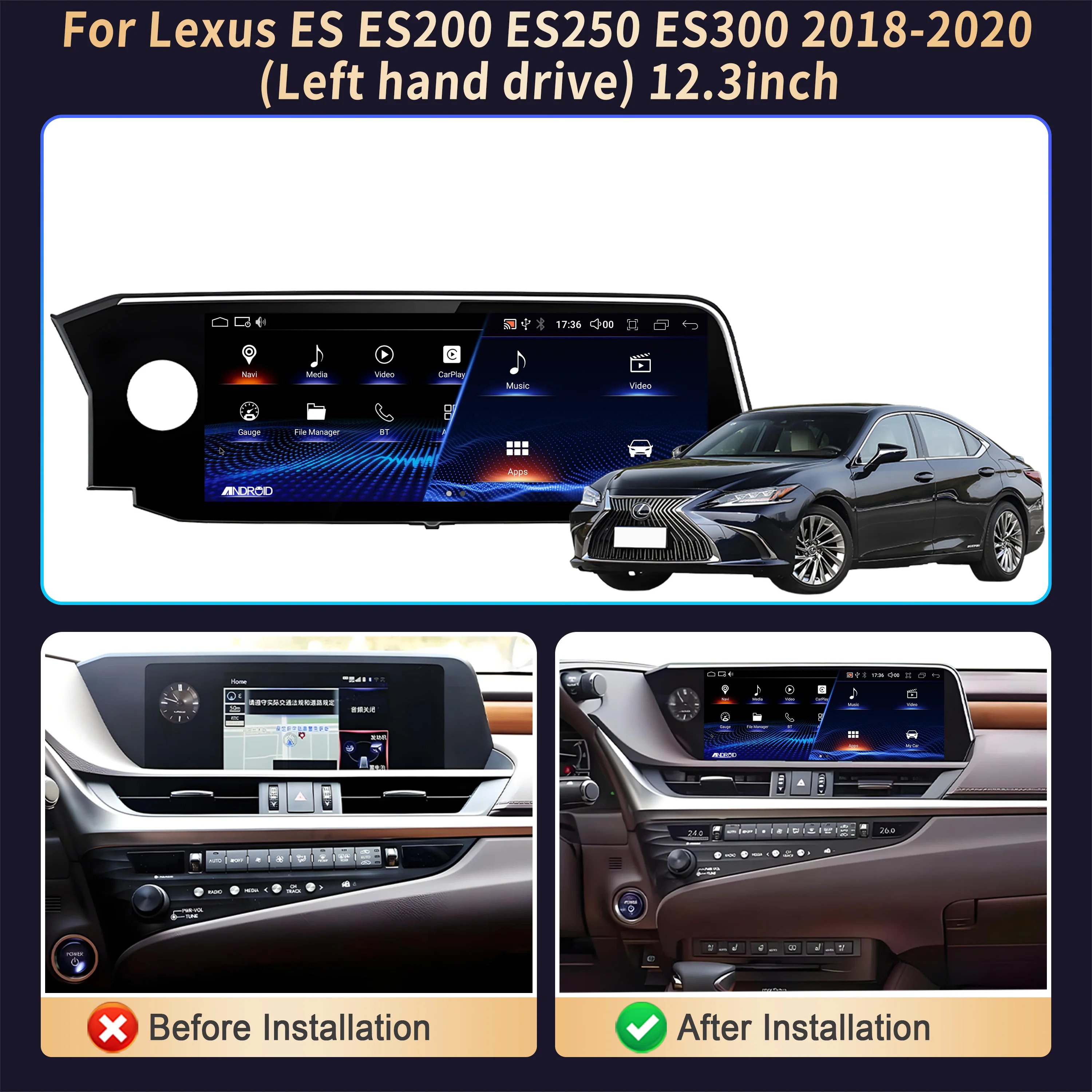 Left Hand Drive Car Radio 12.3 Inch Wireless CarPlay Multimedia Snapdragon 680 Screen for Lexus ES ES200 ES250 ES300 2018-2020