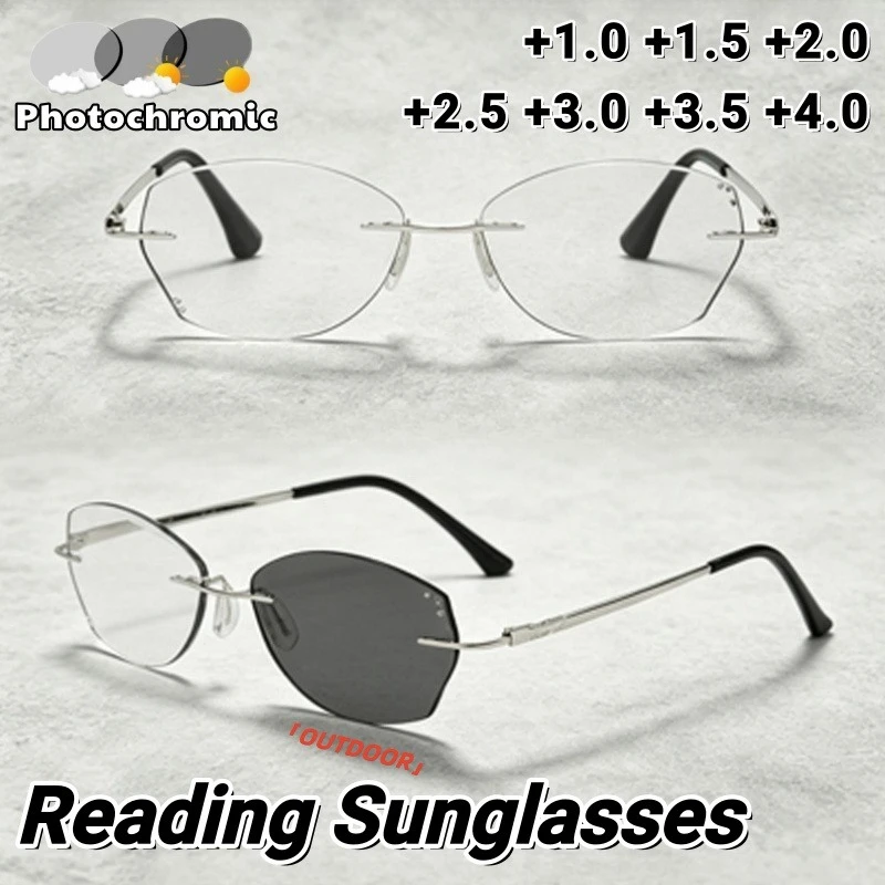Frameless Metal Frame Ultra Light Photochromic Presbyopia Glasses Unisex High Definition Comfort Business Eyewear 0 To +4.0