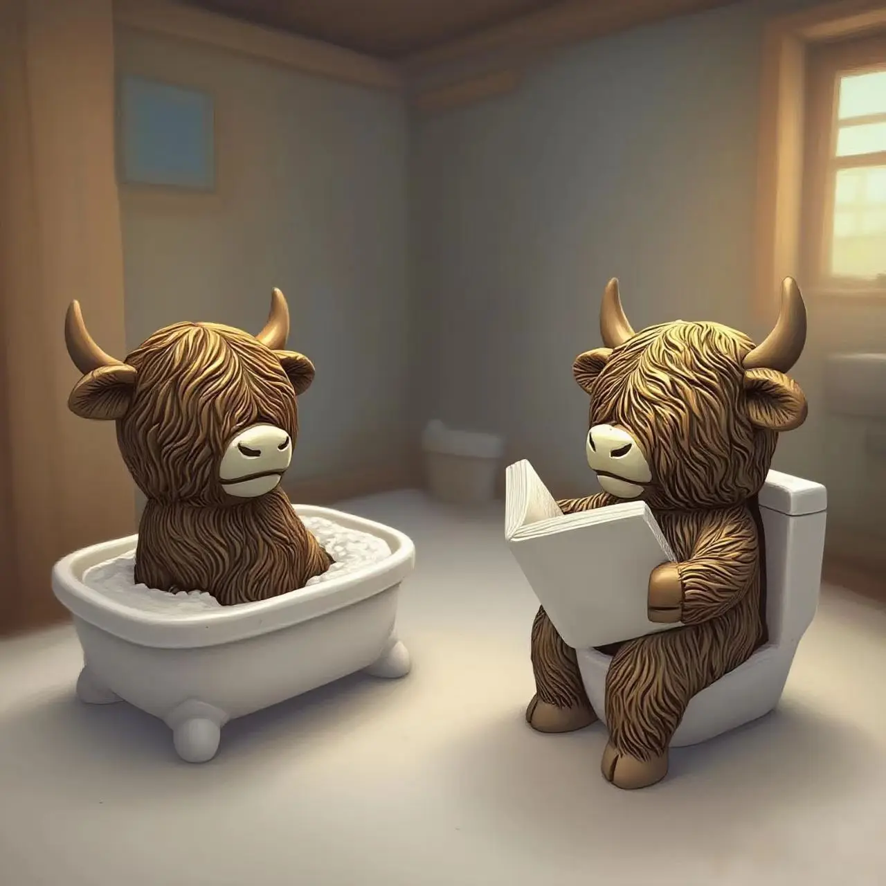New Creative Home Tabletop Resin Bathroom Sitting Toilet Lovely Highland Cow Statue Ornaments Holiday Gifts For Friends