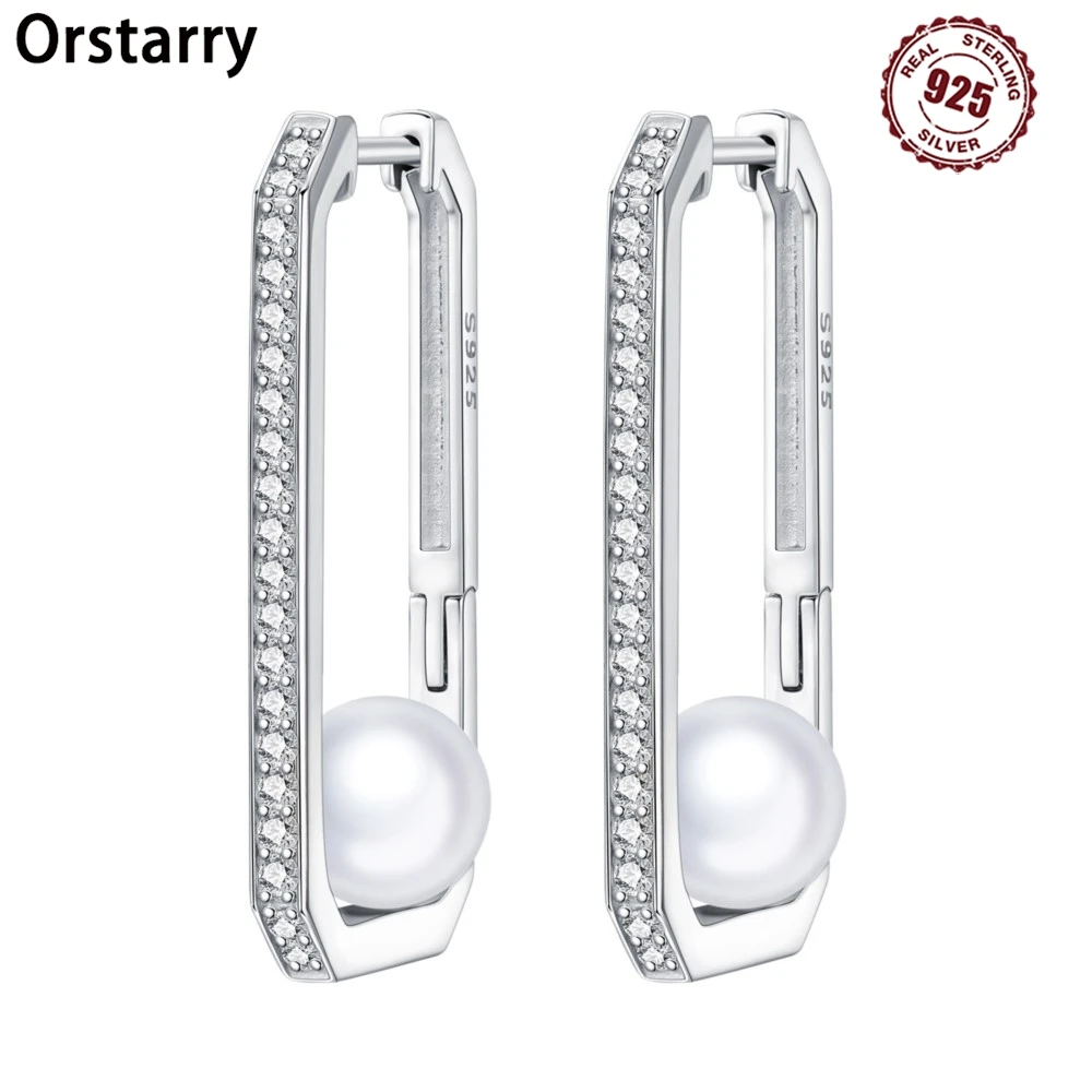 Orstarry S925 Sterling Silver Basic Box Pearl Earrings Hoop Earrings For Women Jewelry Original Party Trendy Gifts