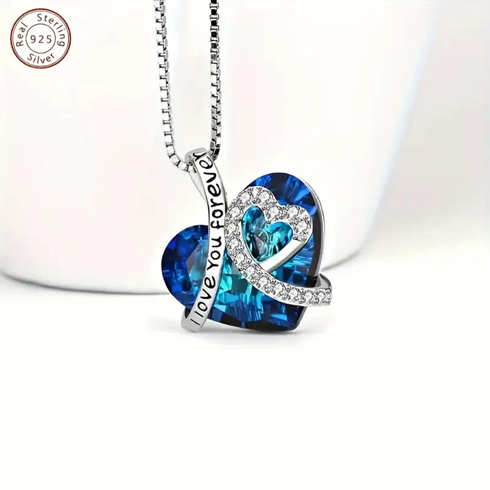 قلادة على شكل قلب دائم من الفضة الإسترليني عيار 925 للنساء مجوهرات راقية رائعة من الكريستال الأزرق للأبد هدية ساحرة للولايات المتحدة الأمريكية #5