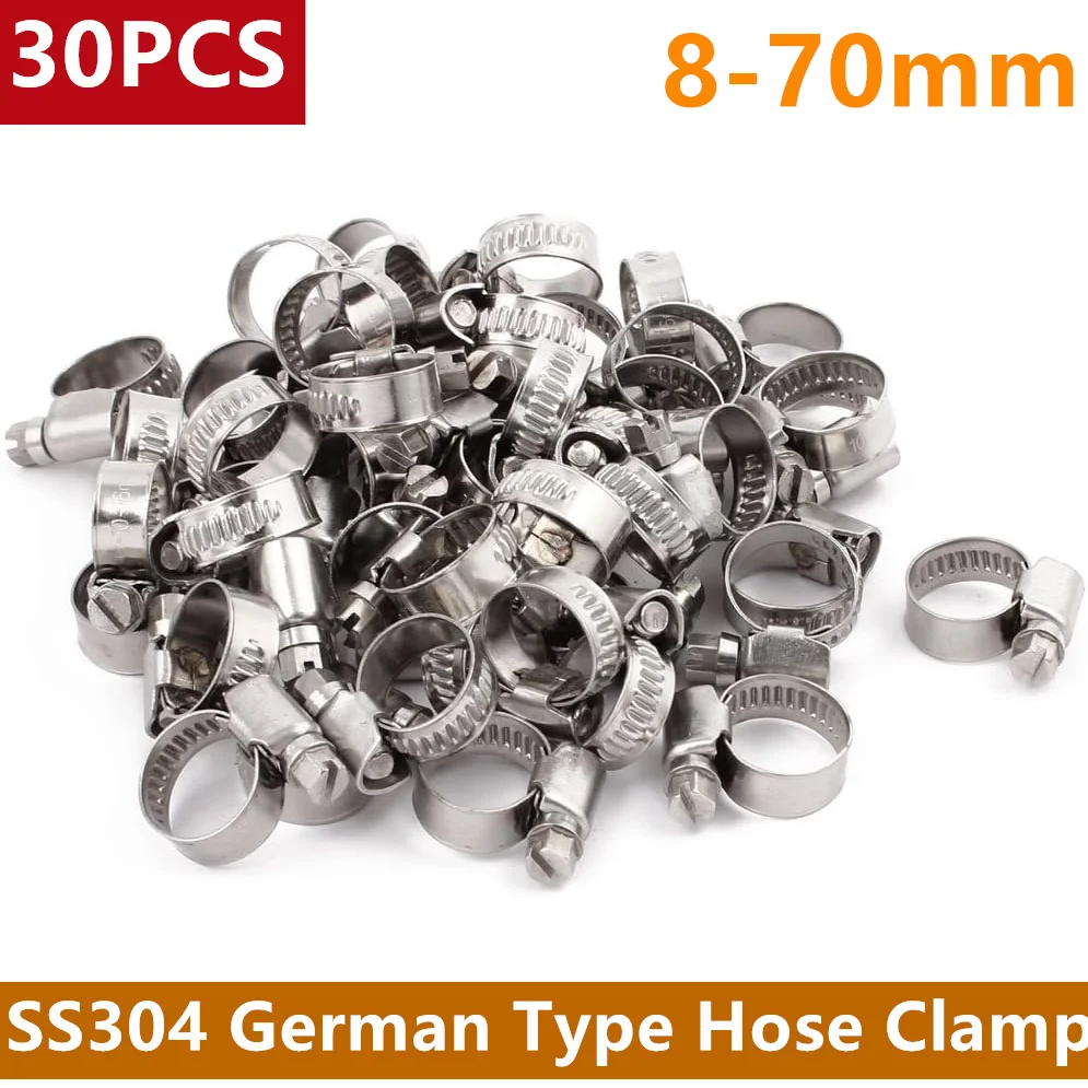 304 Stainless Steel 30pcs German Type Hose Clamp Clip Fastener 8-12mm/16-27mm/20-32mm Adjustable Heavy Duty Worm Gear Hose Clamp
