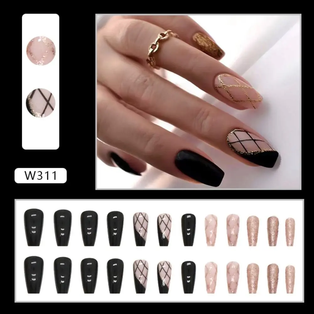 24pcs Nail Tips DIY Glitter Burst Fake Nials Press on Nails French False Nails Black Mystery Long Square