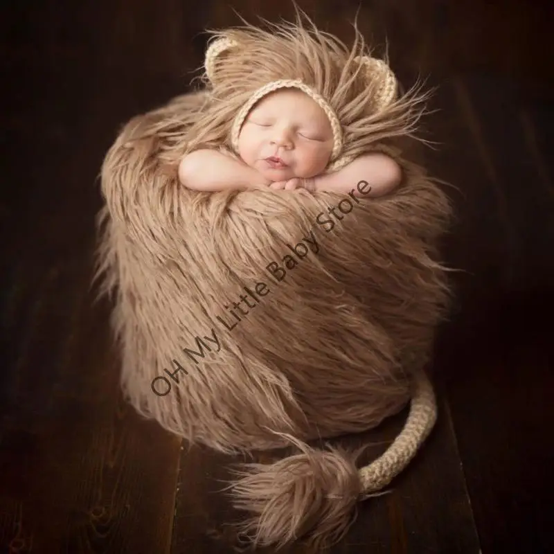 M76C 2 Pcs Baby Props Lion Hat Tail Set Newborn Photography Costumes Knitted Outfits