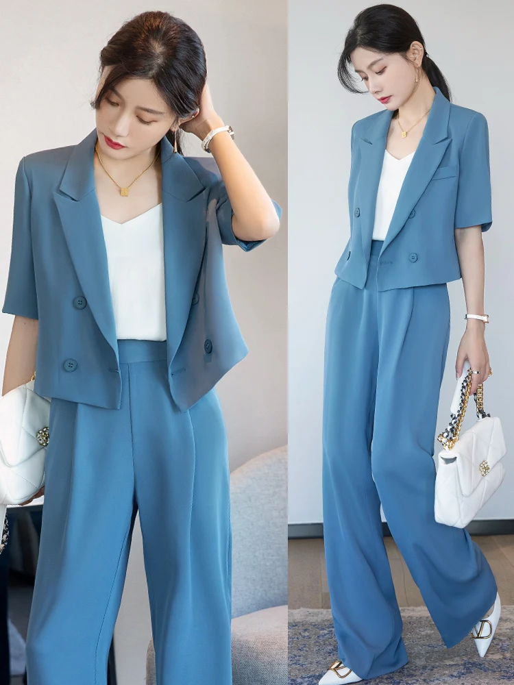 

Повседневный женский костюм малого размера, профессиональный летний легкий комплект с коротким рукавом, облегающие брюки, комплект из двух предметов, модный