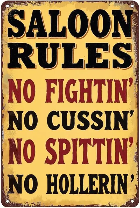 Saloon Rules Tin Sign - Metal   Retro Rustic Wall Art for Bar, Pub, Garage, Gift for Cowboy Fans and Western Decor Lovers--Tin S