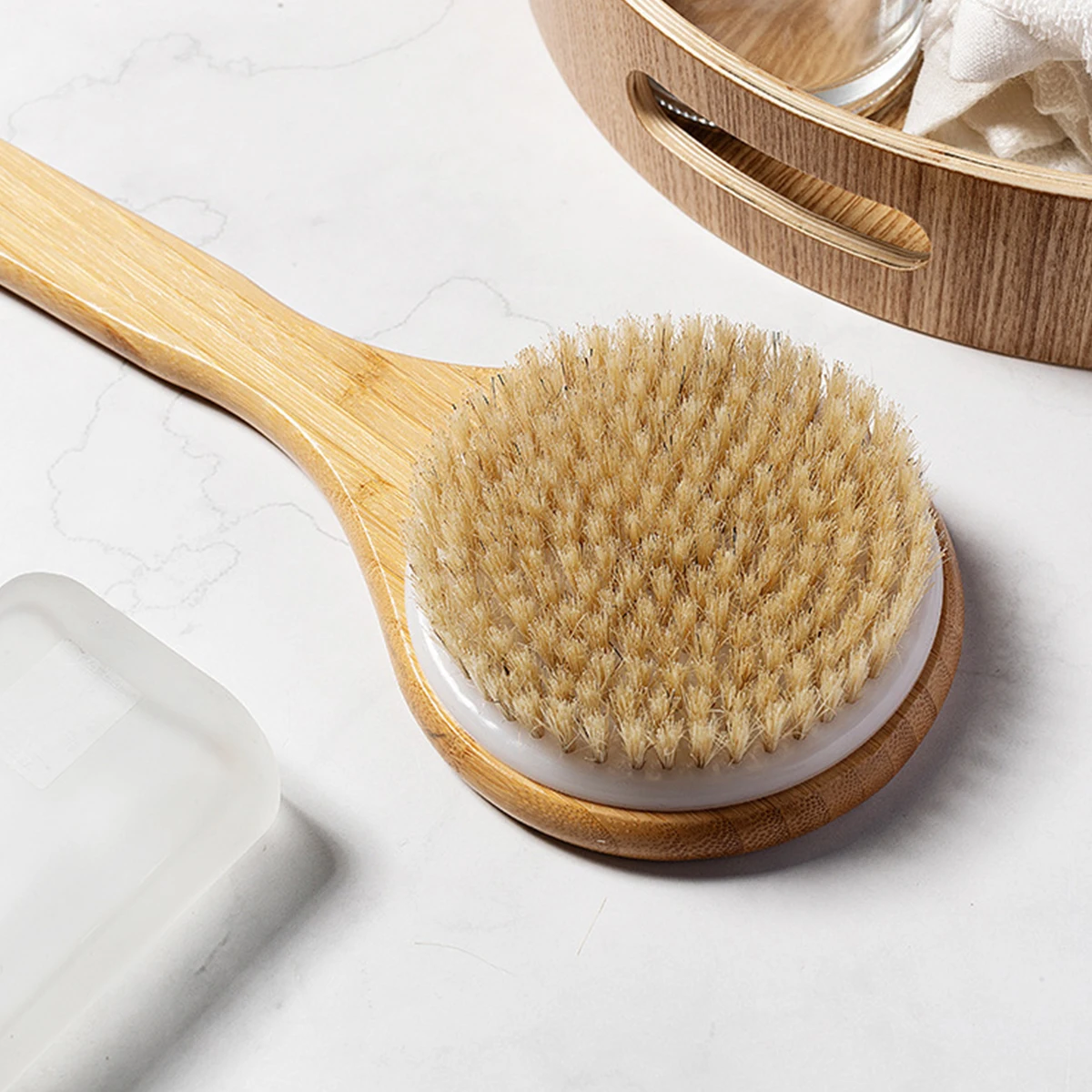 Natural Bristle Long Handle Bath Brush Soft Hair Bath Brush Bathroom Body Brushes Mud Back Scrubber Shower Massage Brush