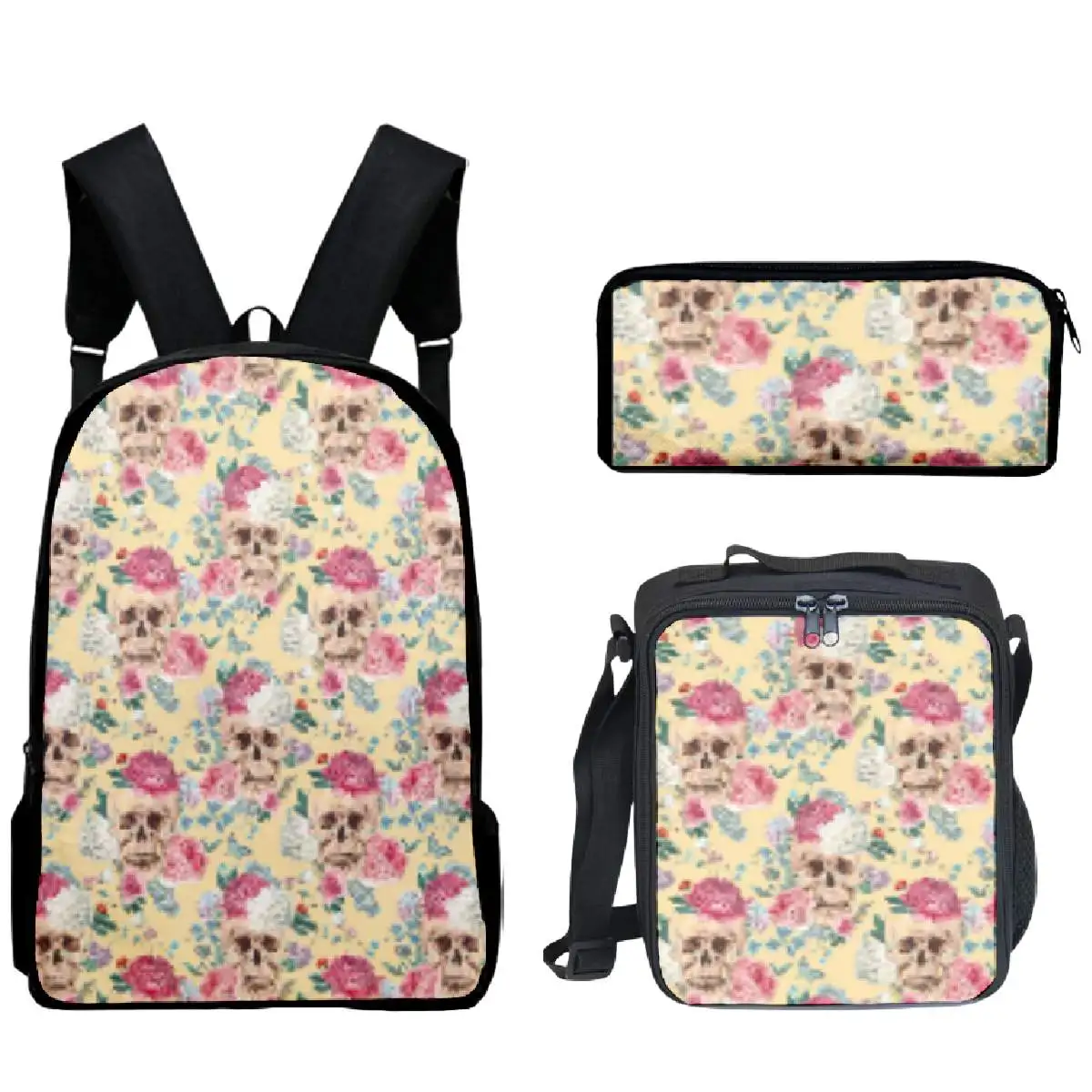 Blumen schädel 3 Stück Rucksack 3d gedruckt Skelett Kunst Studenten Jungen Mädchen Schult asche Lunch Bag Frauen Männer lässig Reise Laptop-Tasche