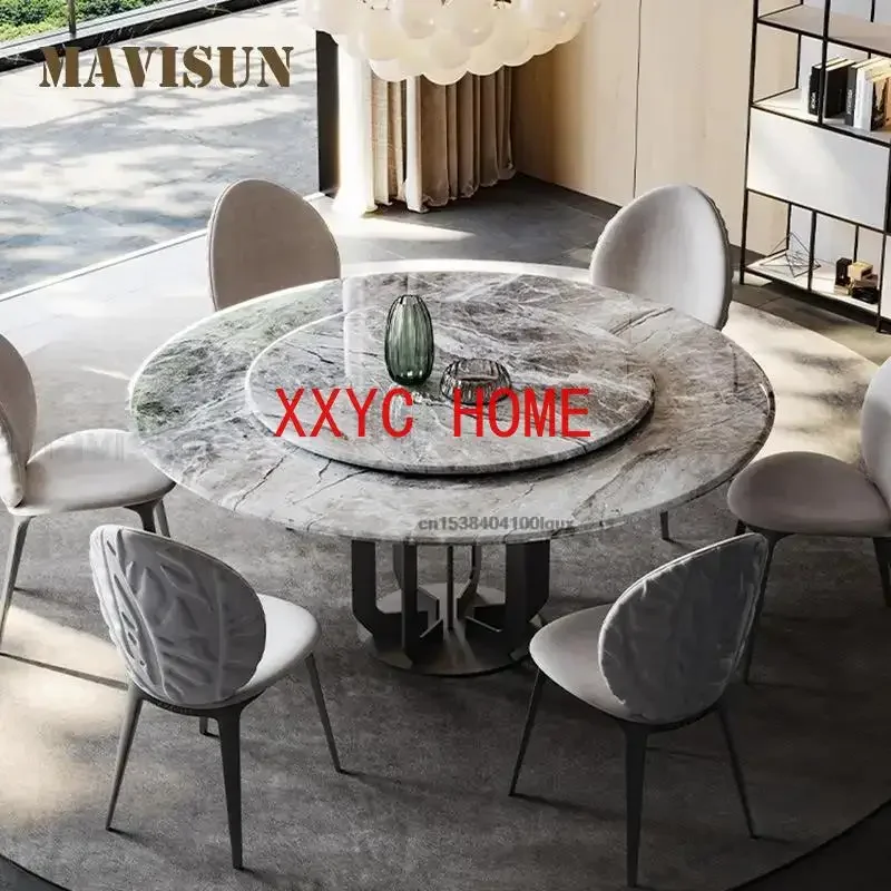 Modern Kitchen Furniture Table Set Natural Texture Marble Desktop Black Carbon Steel Frame Round Dinning Tables With Turntable