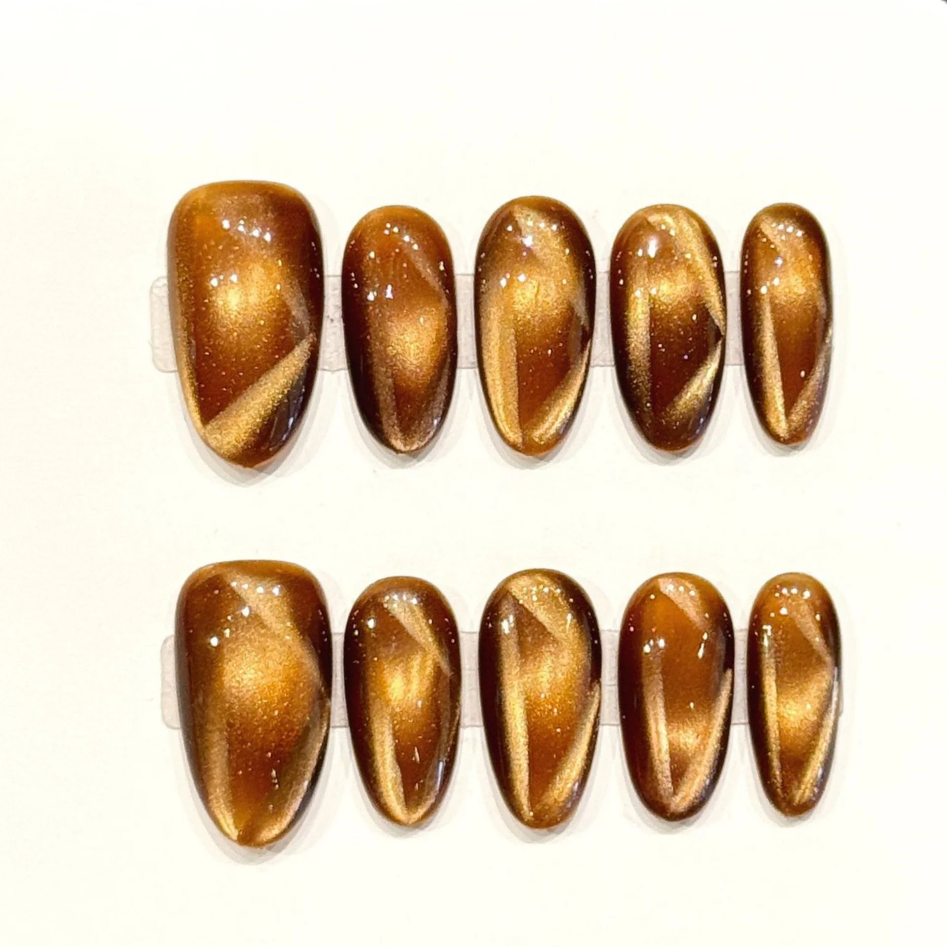 

10pcs Golden Cat's Eye Handmade Press on Nails Solid Colorful Mid-length Oval False Nail Tips Simple Almond Wearable Fake Nail