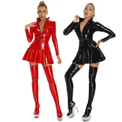 Women Sexy Glossy PVC Leather Dress Lady Erotic Shaping Latex  Pleated Short Dress Zipper Porn Breast Exposing Latex Mini Dress