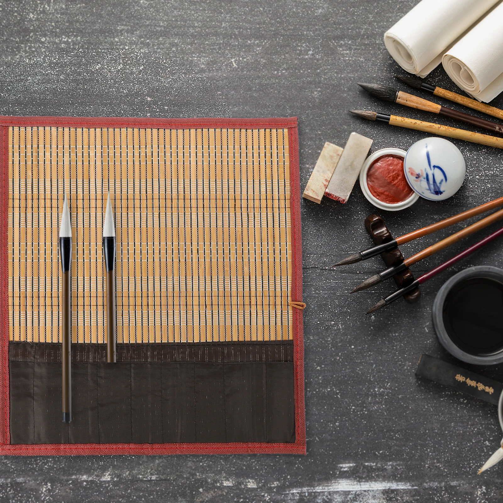 

Bamboo Pen Roll Calligraphy Brush Wrap Stationary Bag Paint Storage Pouch Box Roll-up Tool for