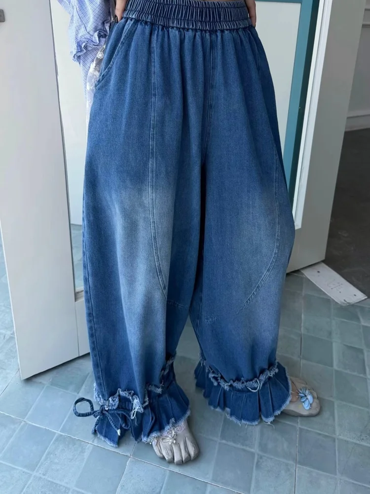 

Summer Casual Loose Women's Denim Pants Drawstring Elastic Waist Wide Leg Pants Comfortable Loose Fit Vintage Style