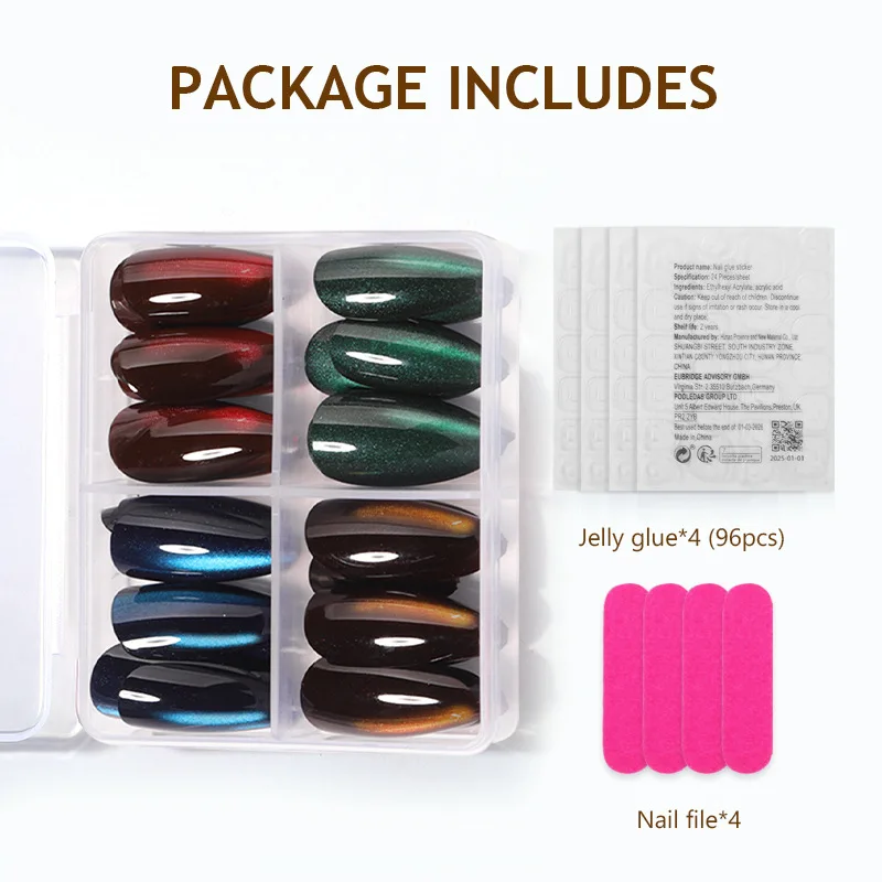 96 قطعة عين القط أظافر وهمية نصائح لامعة لامعة لون نقي عين القط الأظافر كاذبة مجموعة يمكن ارتداؤها انفصال 4 ألوان اضغط على الأظافر #5