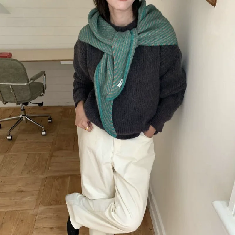 

Корейский полосатый треугольный шарф, шаль для женщин, теплый повседневный шерстяной платок, осенне-зимний модный аксессуар