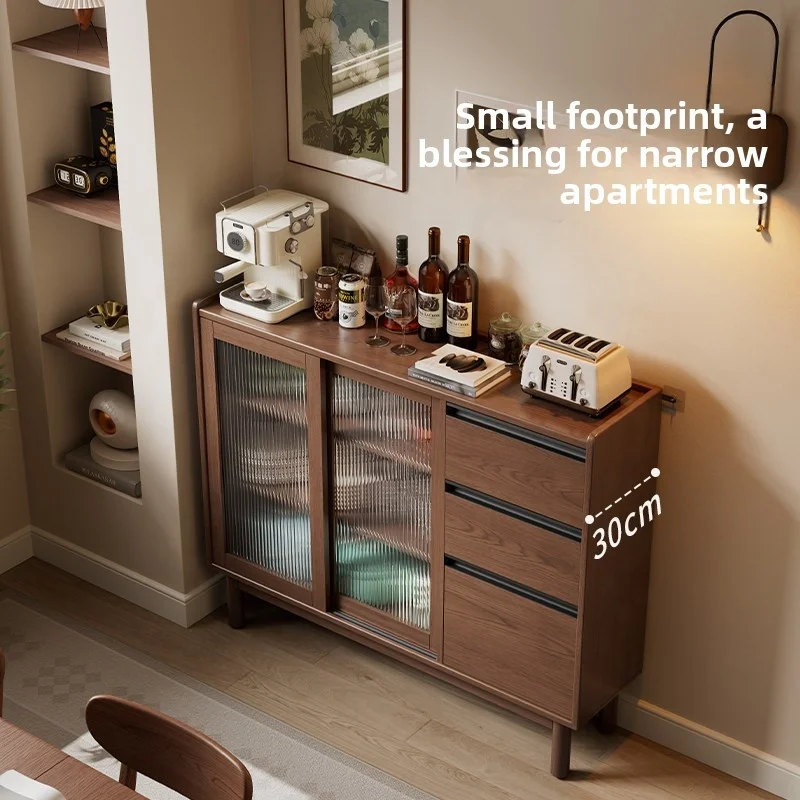 #Modern Solid Wood Thin Sideboard 30cm Depth Slim Buffet Cabinet For Small Apartment Narrow Entryway Storage Walnut Finish