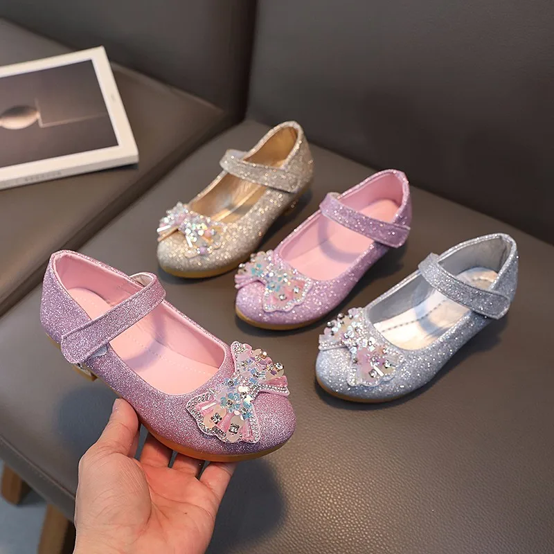 Children's High Heel Shoes Fashion Luxury Rhinestone Girls Princess Leather Shoes Causal Bowknot Kids Catwalk Mary Jane Shoes