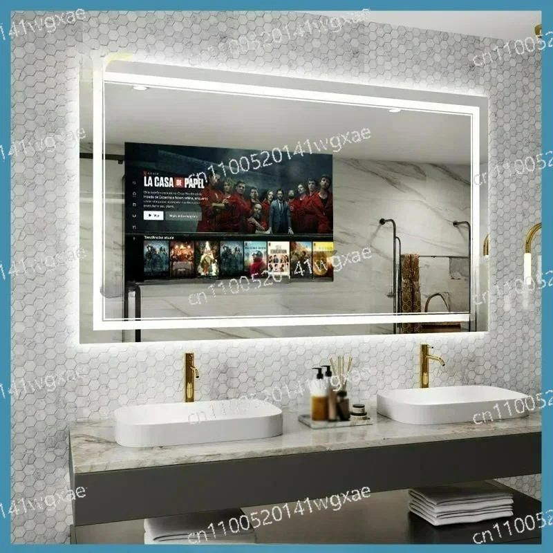 Smart Touch Screen LED Bathroom Mirror Anti-Fog Wall Mount Lighted Household Washroom Makeup Mirror