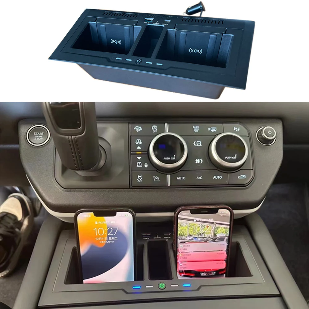 Wireless Car Charger Mount Storage Box Fits for LR Defender 90 110 2D 4D 2020+