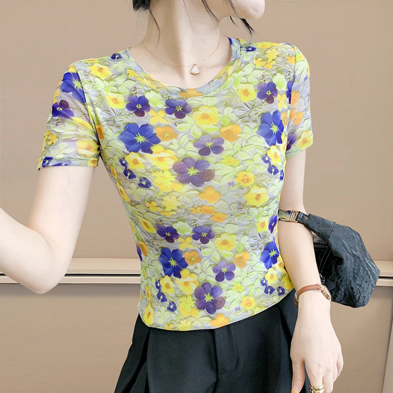 

2025,New,Summer,Korean,Style,T-Shirt,Chic,Sexy,V-Neck,Print,Flower,3D,Women,Tops,Short Sleeve,Mesh,Bottoming Shirt,Tees,561505