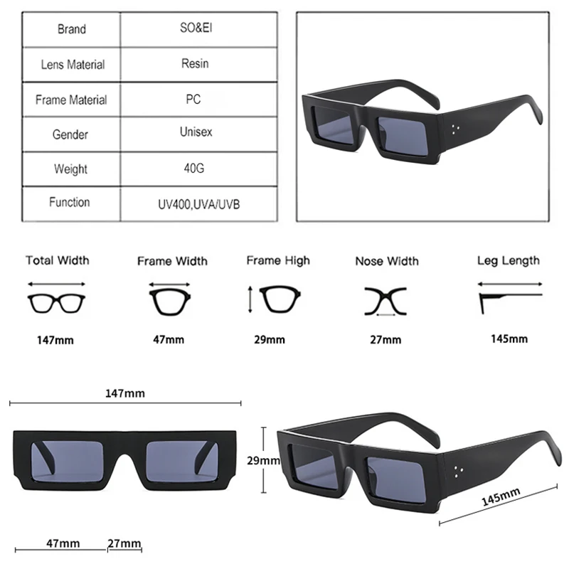 SO&EI Ins Popular Fashion Square Sunglasses Women Vintage Candy Color Eyewear Men Trending Rivets Sun Glasses Shades UV400