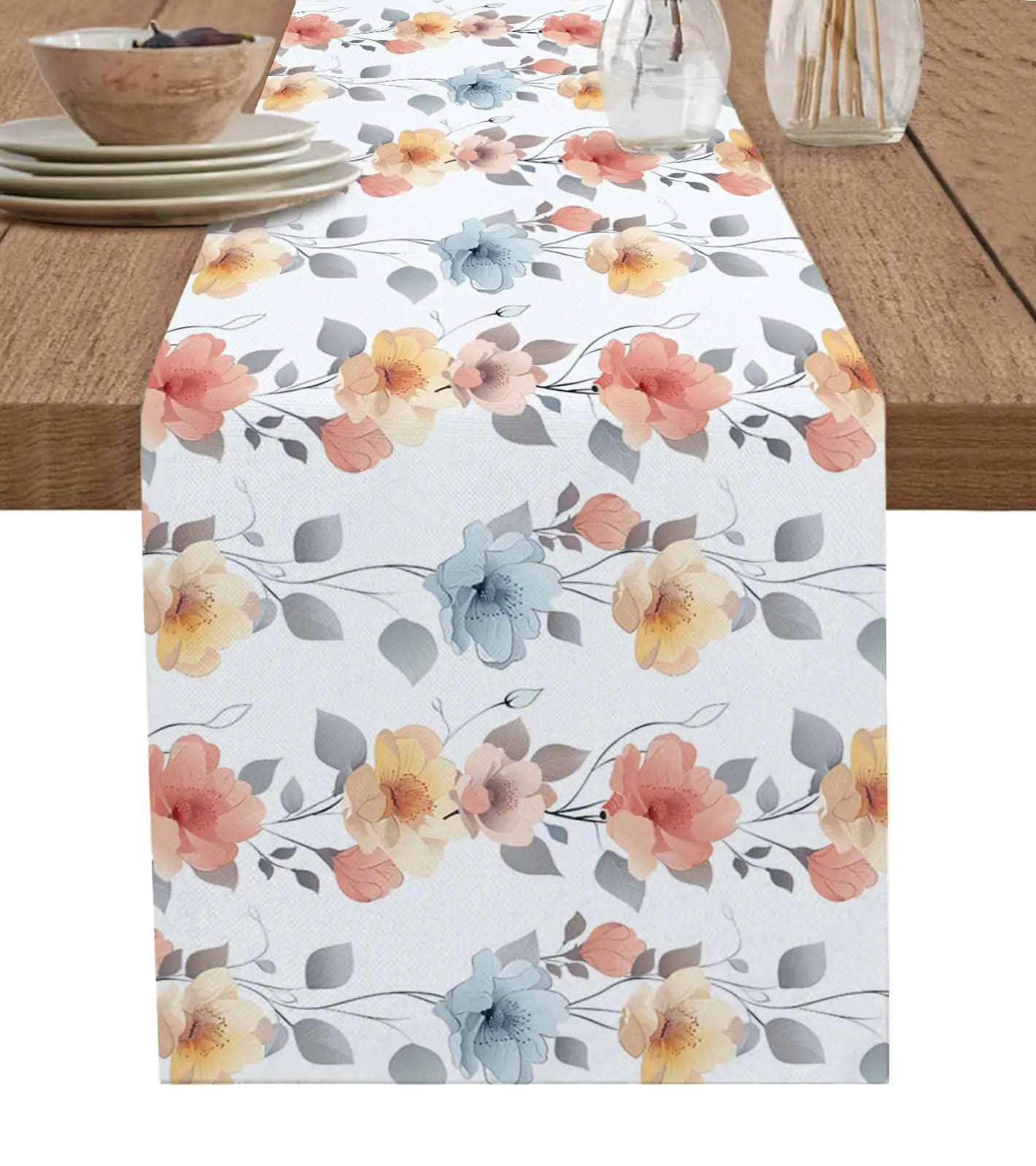 

Flowers Leaves Hand Drawn Table Runner Wedding Dining Table Decoration Table Runner Holiday Dining Tablecloth