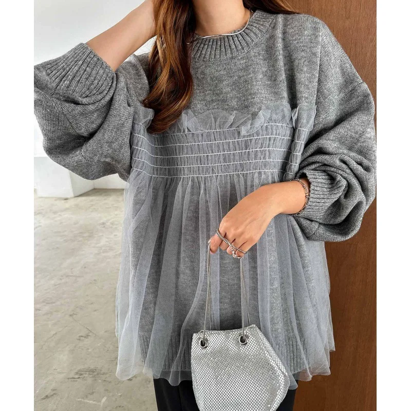 2025New Heavyweight Rabbit Velvet Core Spin Yarn Knitted Sweater Mesh Splicing Fake Two-Piece Women's Knitted Top