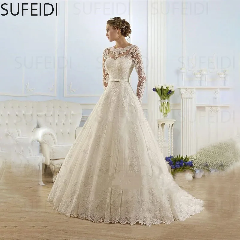 Robes de mariée en tulle à manches longues avec nœud de ceinture pour femmes, appliques de luxe, cérémonie de mariage, robes d'occasion formelles, traînant