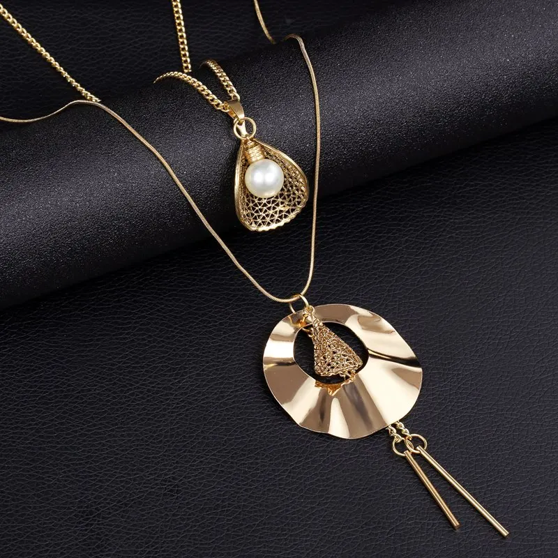 1 Set Gold Color irregular Metal Pendants Necklaces for Women Multi Layer Long Necklace Jewelry Gifts