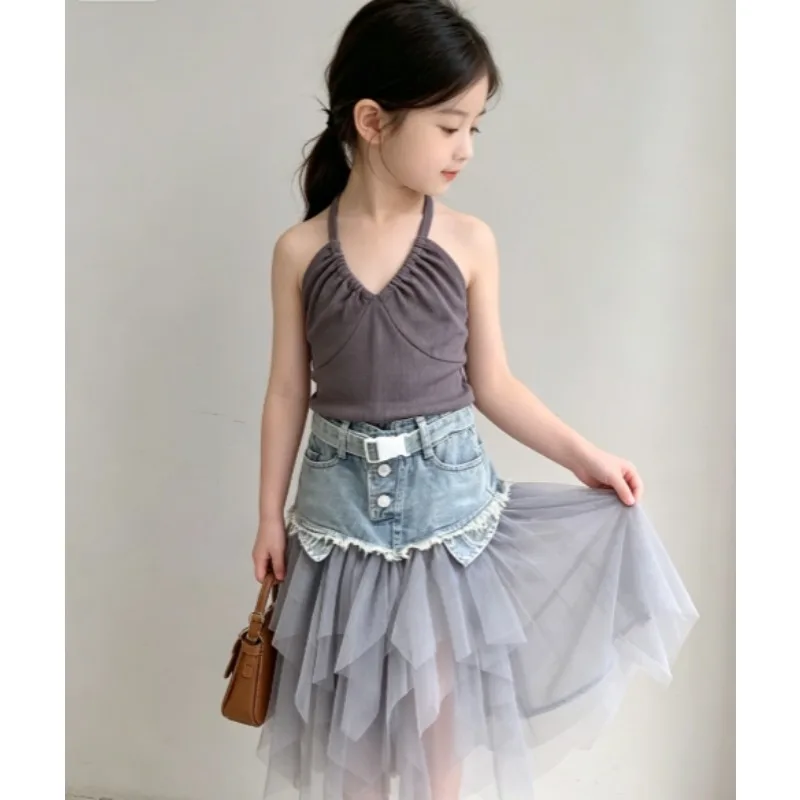 Girls Clothing Summer New Baby Girls' Simple Lace Up Vest Short Base Denim Patchwork Mesh Skirt Set