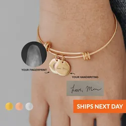 Custom Engrave Handwriting Bangle Bracelet Fingerprint Jewelry Mothers Day Gift From Daughter Personalized Sentimental Charm