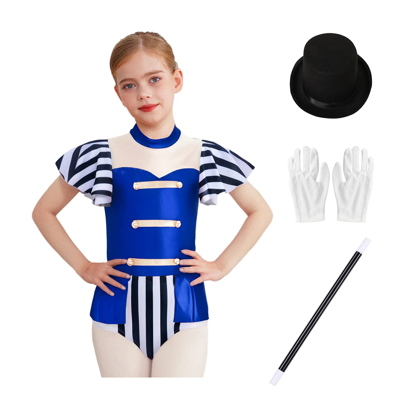 

Girls Deluxe Magician Cosplay Jumpsuit Set with Glossy Patchwork And Detachable Accessories for Halloween Christmas Stage Show