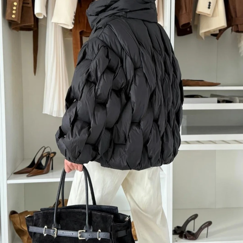 Cotton Quilted Check Female Jacket Long Sleeve Loose Stand Collar Fashion Outwear Solid Casual Street Outwear 2025 Autumn Winter